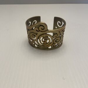 Vintage Artisan Modernist Wide Etruscan Egyptian Brass Cuff Bangle Bracelet